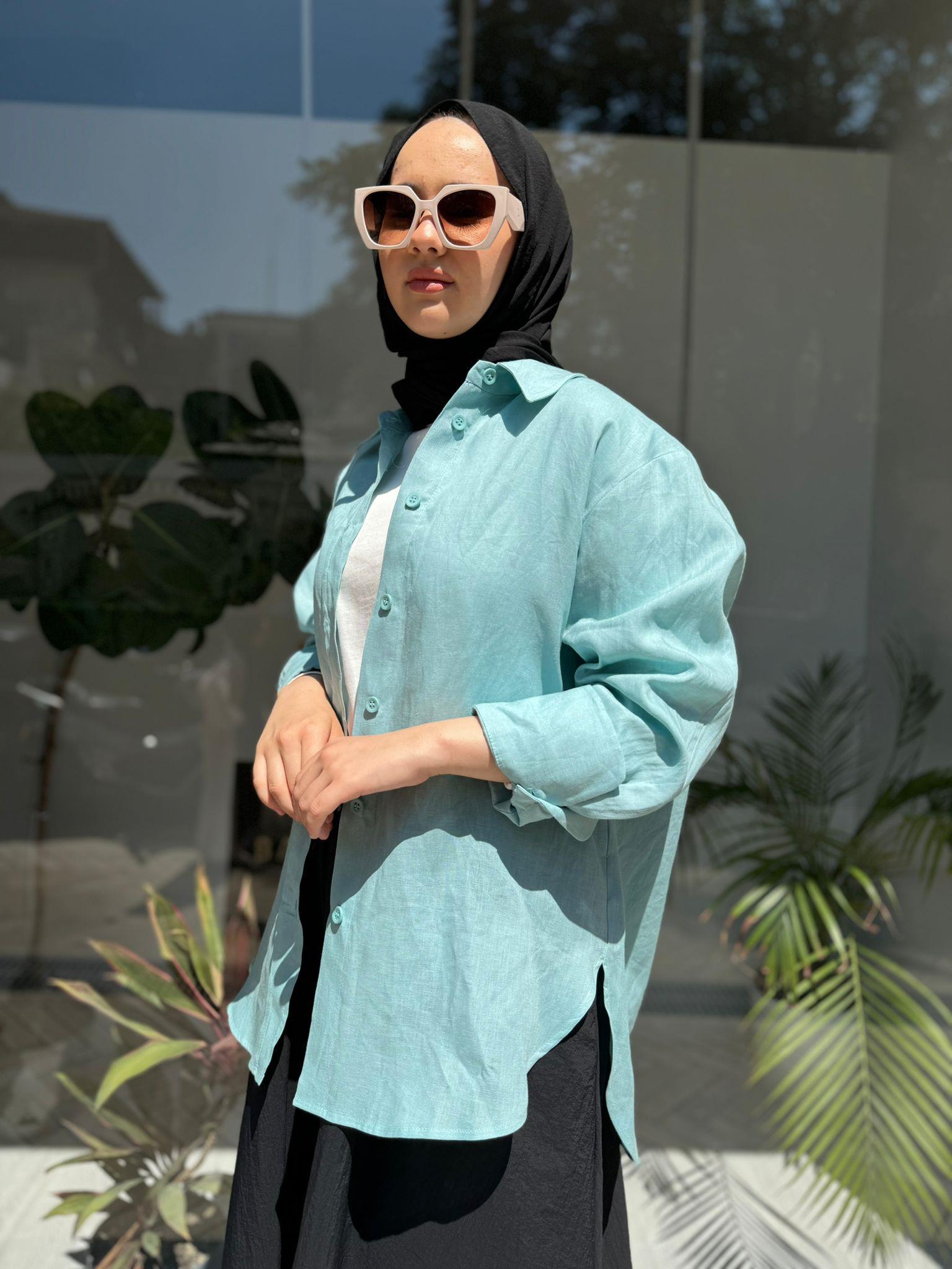 QOOQ Keten Gömlek Basic Mint 24ss281