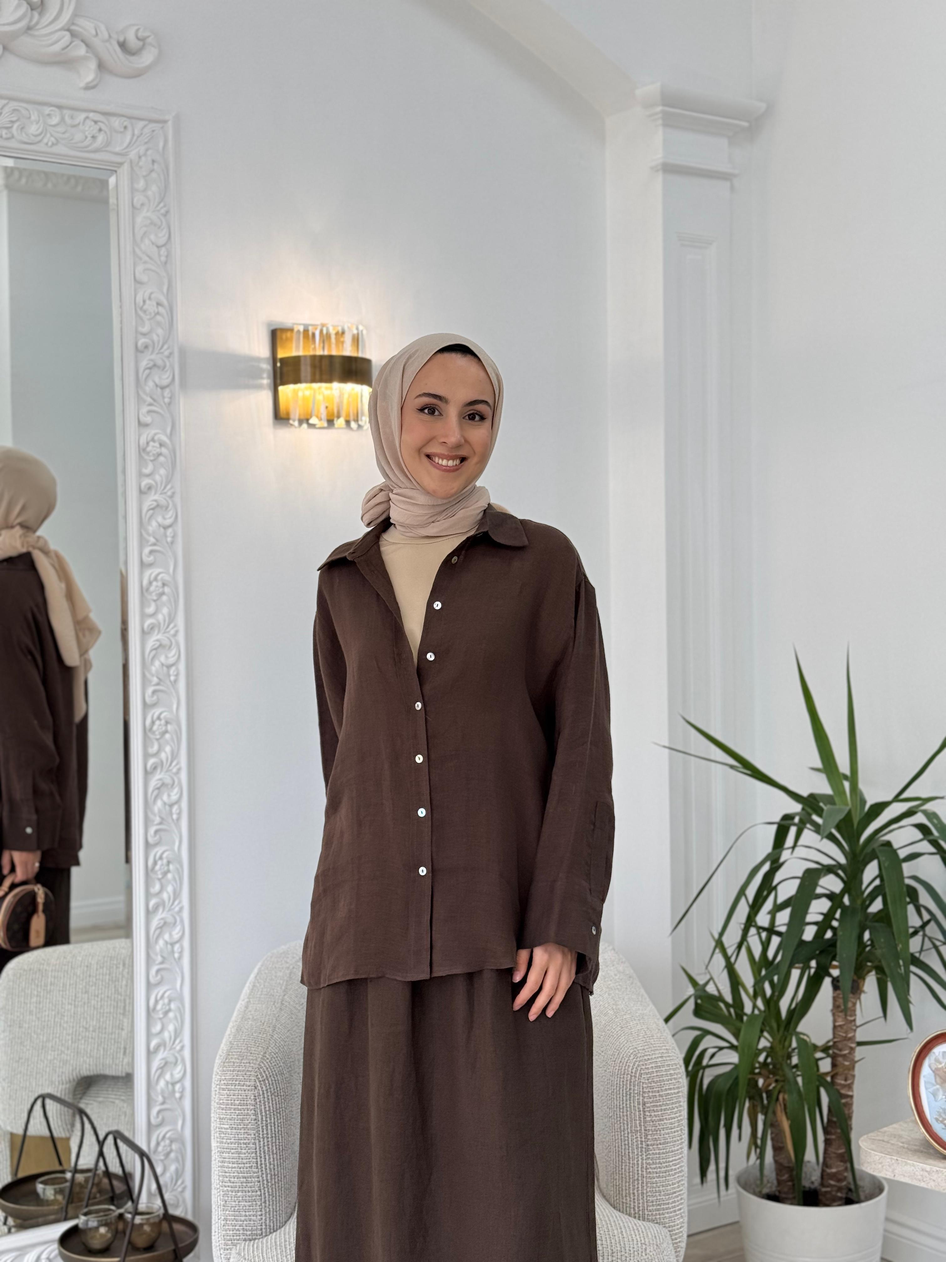 QOOQ Lin Gömlek Kahve 25ss212