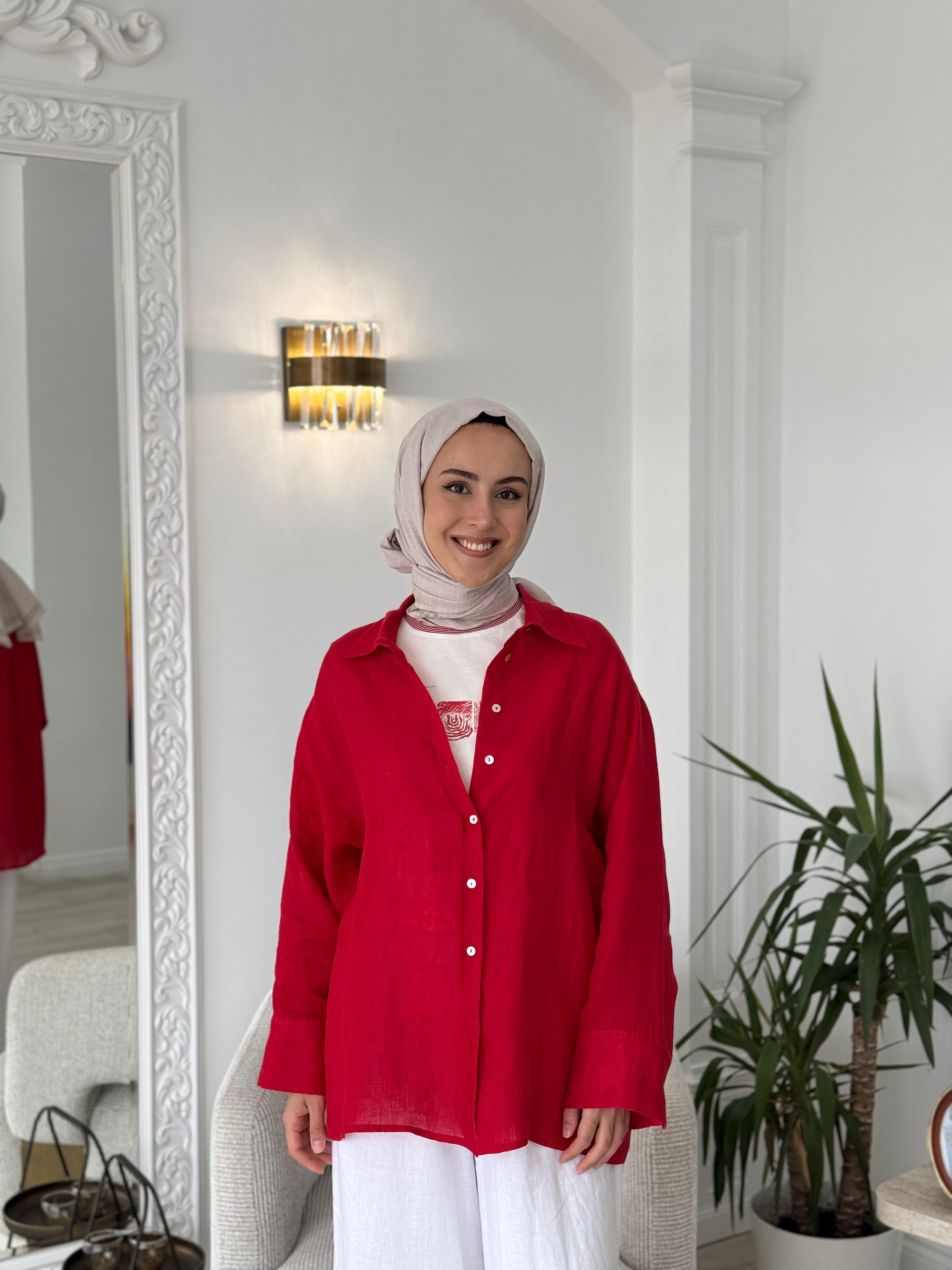 QOOQ Lin Gömlek Kırmızı 25ss212