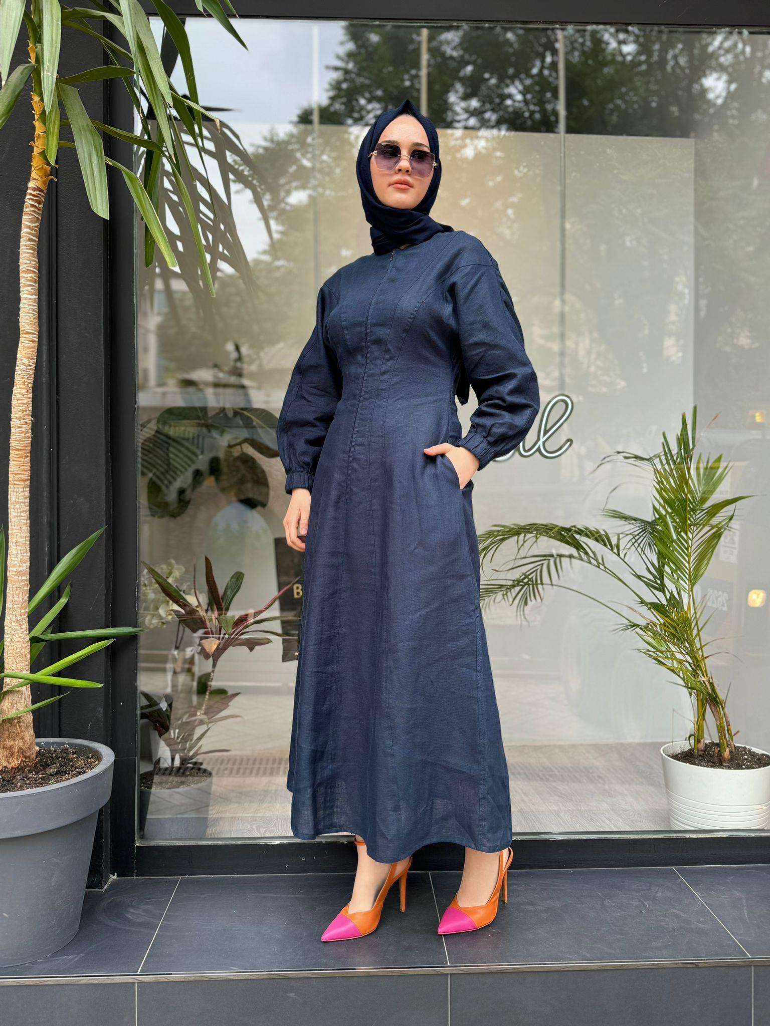 QOOQ Linen Elbise Lacivert 24ss407