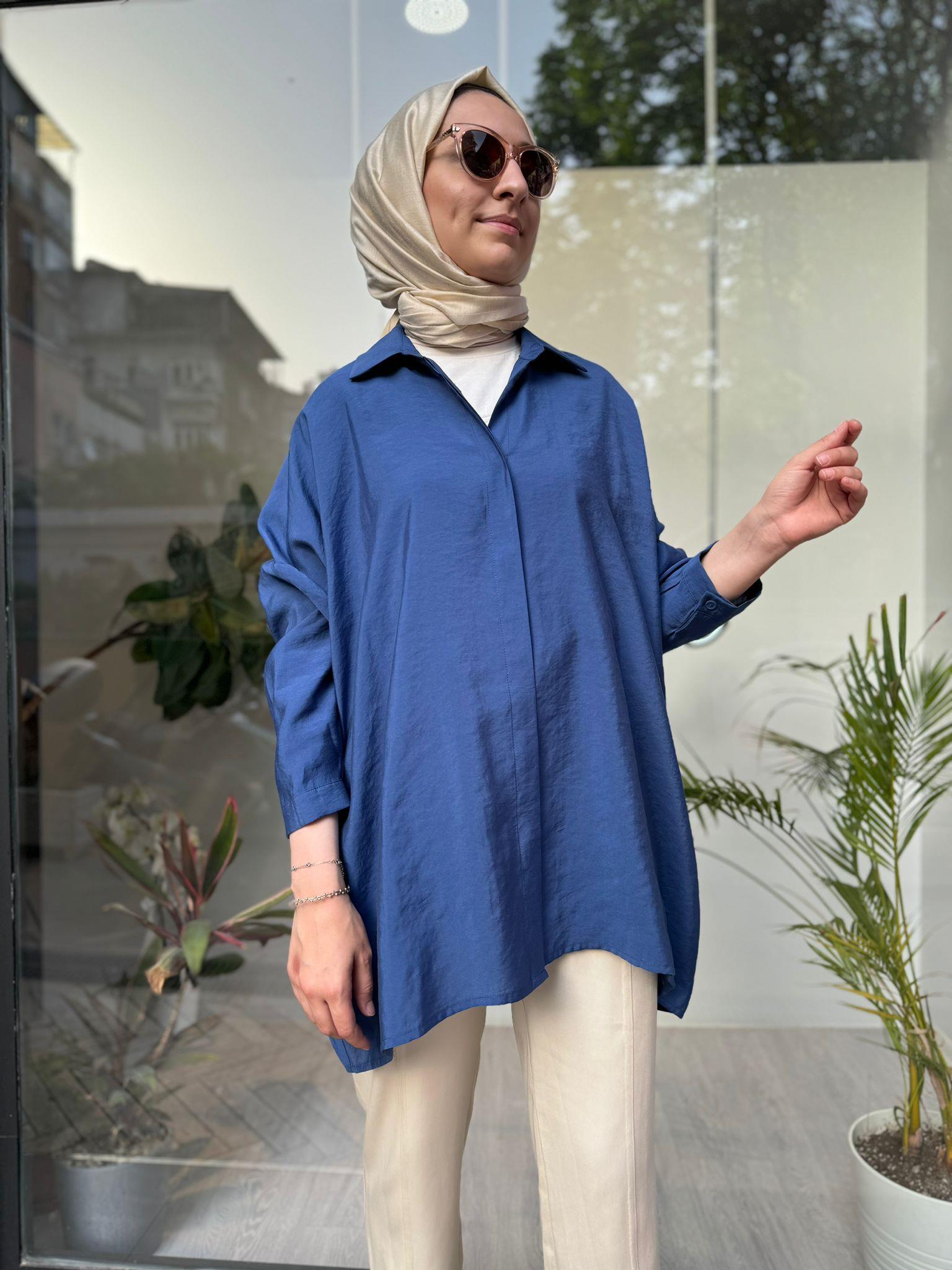 QOOQ Yarasa Kol Gömlek İndigo 24ss270