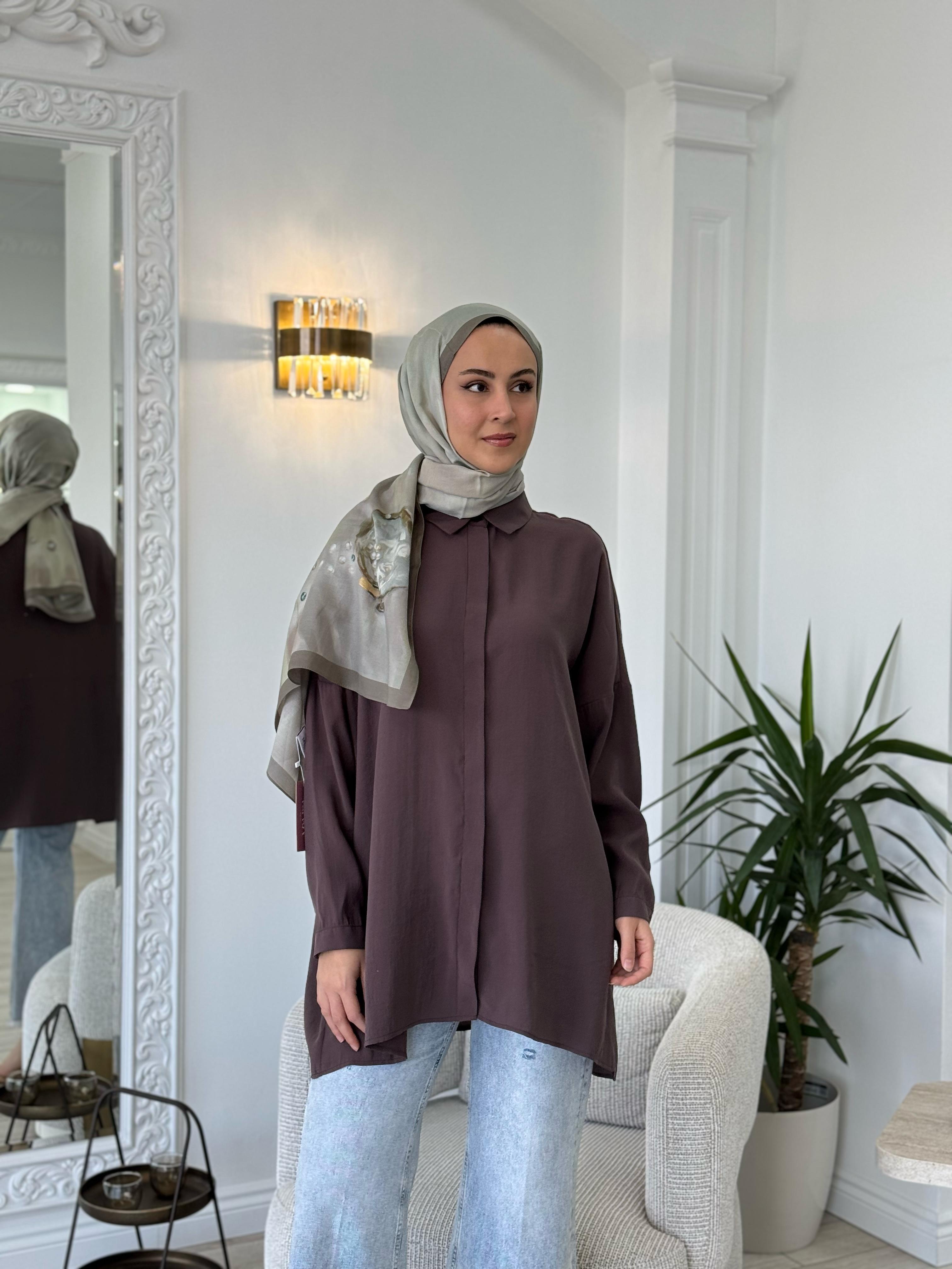 QOOQ Yarasa Kol Gömlek Kahve 25ss231