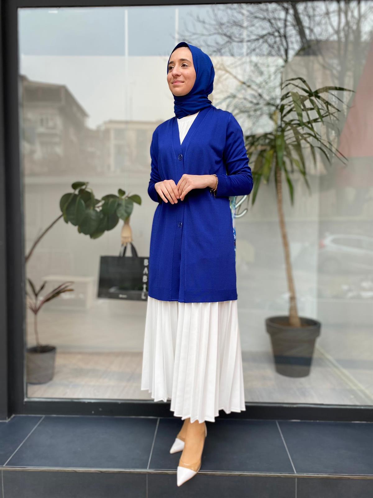 Tığ Triko Arkası Desenli Şifon Detaylı Saks Rayon  21442