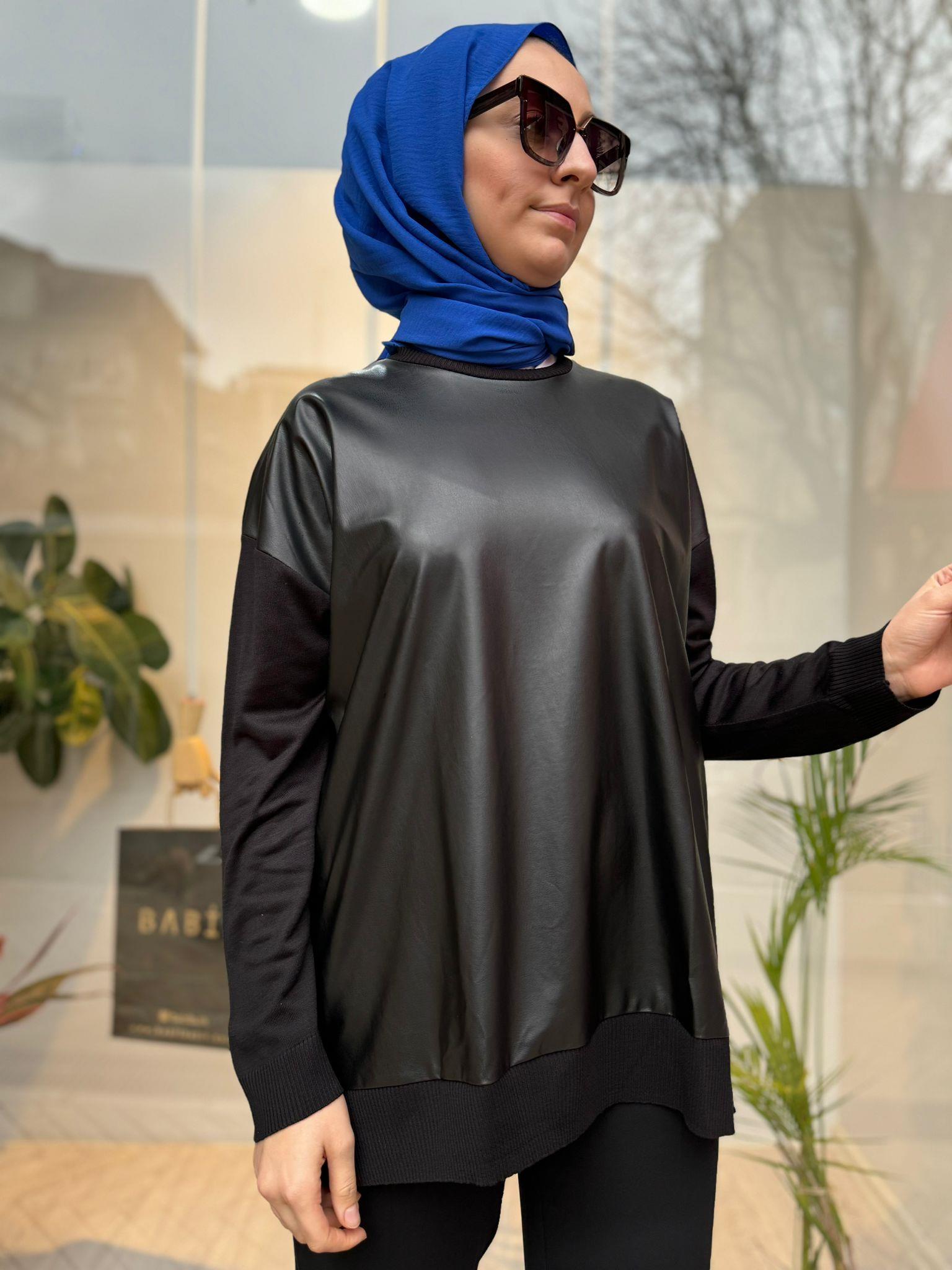 Tığ Triko Önü Deri Detaylı Tunik Siyah 21384