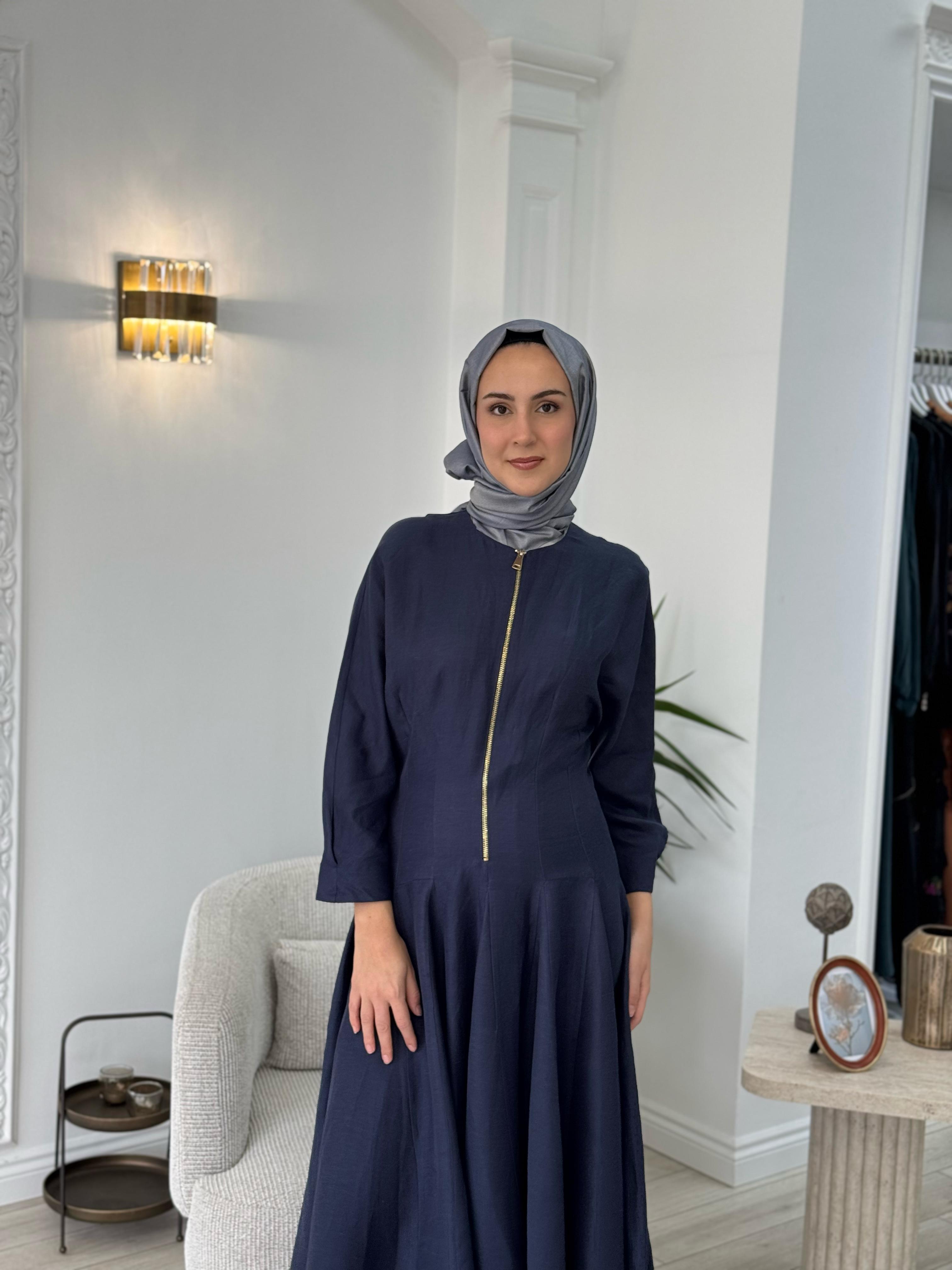 Vuu Fermuarlı Kloş Elbise Lacivert 25ssv4003
