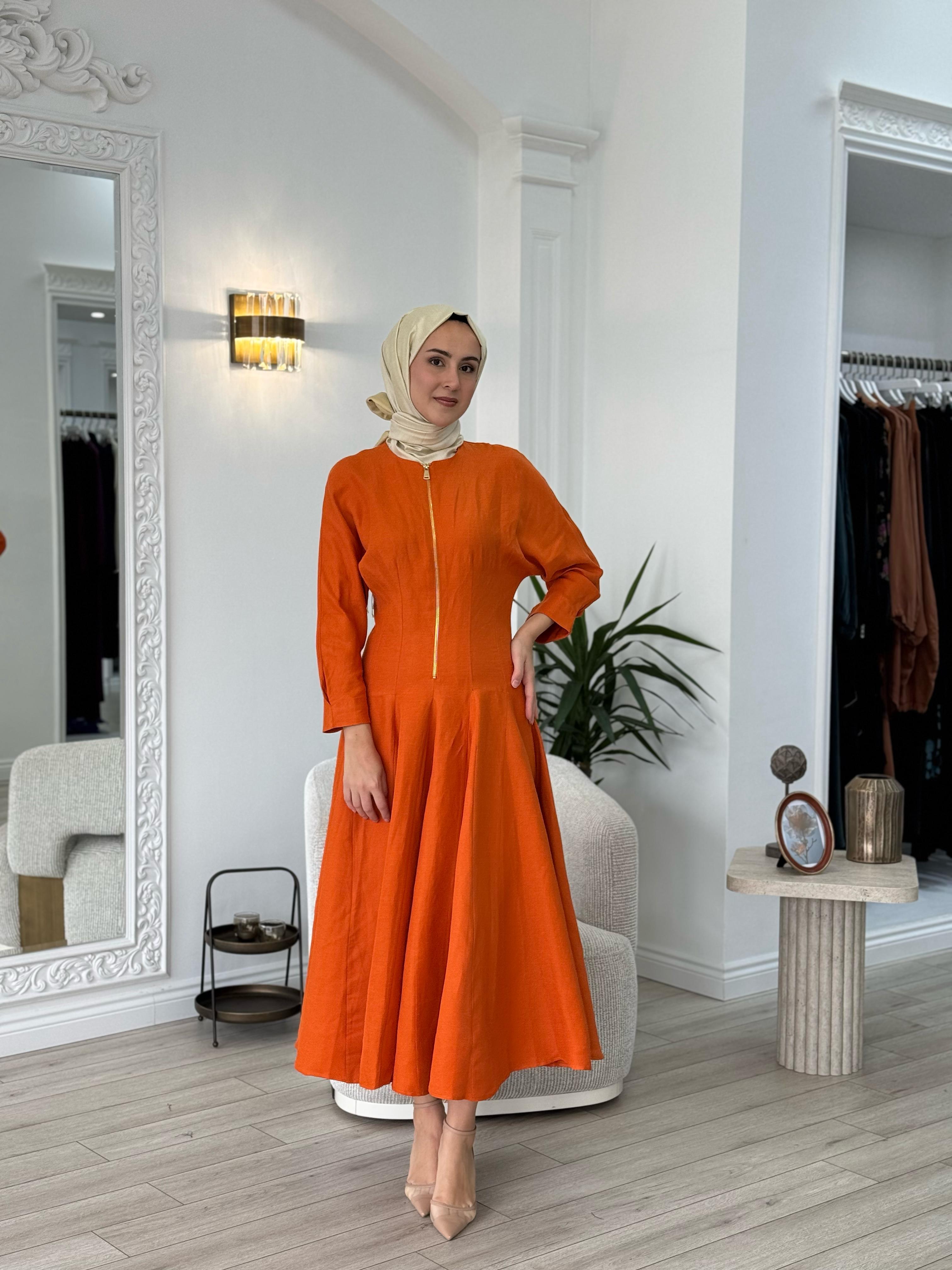 Vuu Fermuarlı Kloş Elbise Turuncu 25ssv4003
