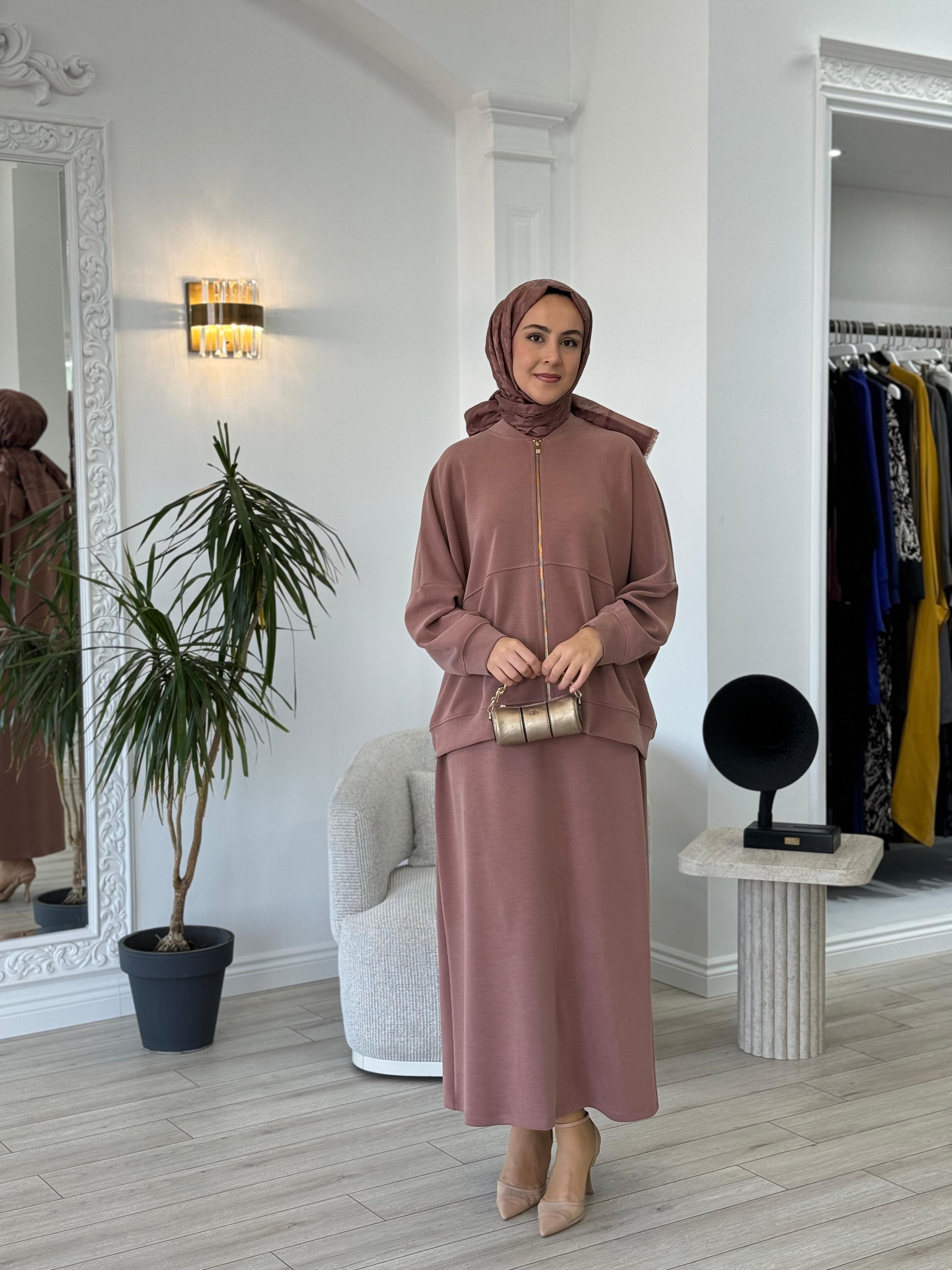 Zems Fermuar Detaylı Etekli Takım Vizon  zems-2503