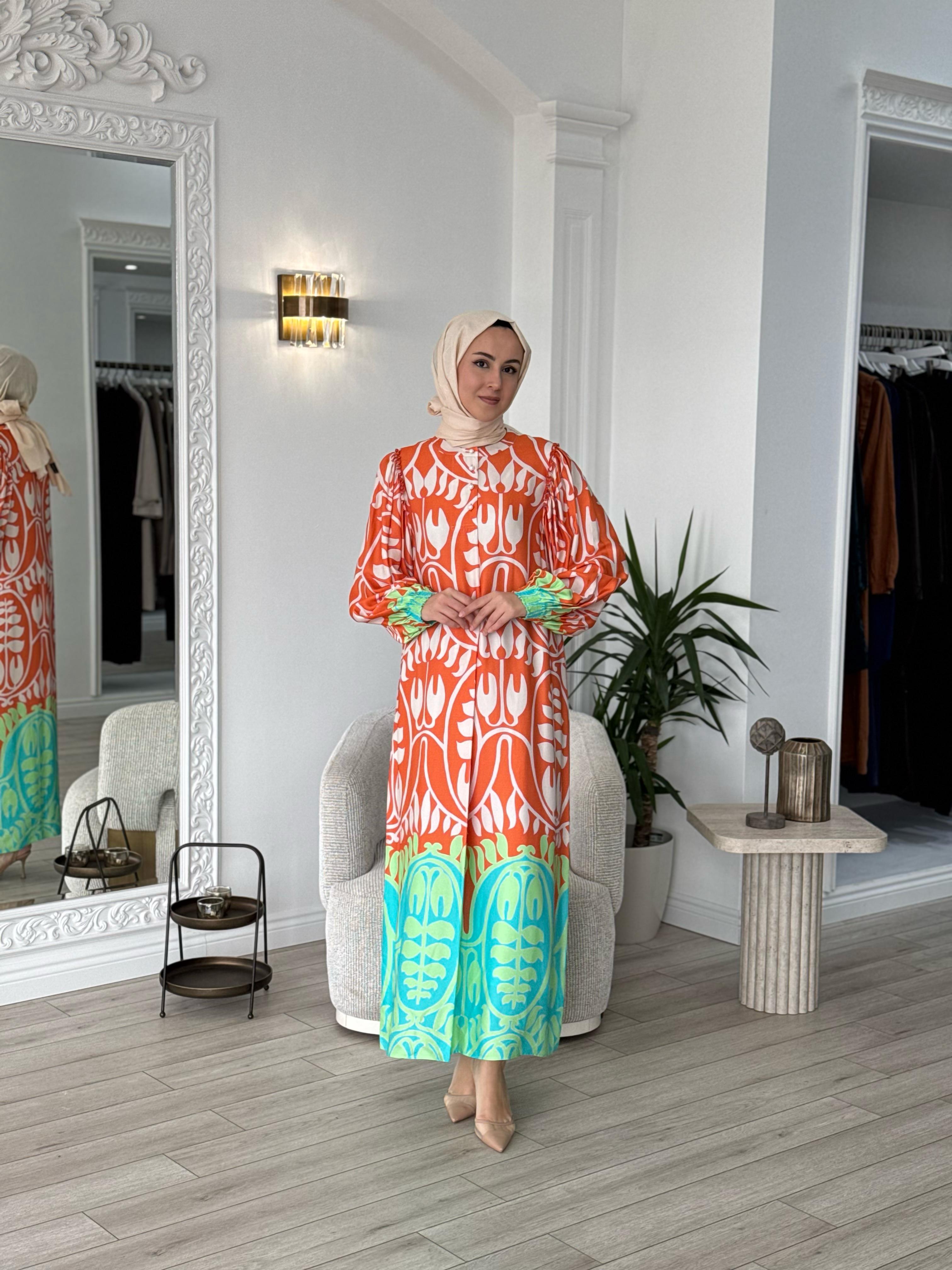 Zems Renkli Desenli Elbise 2666