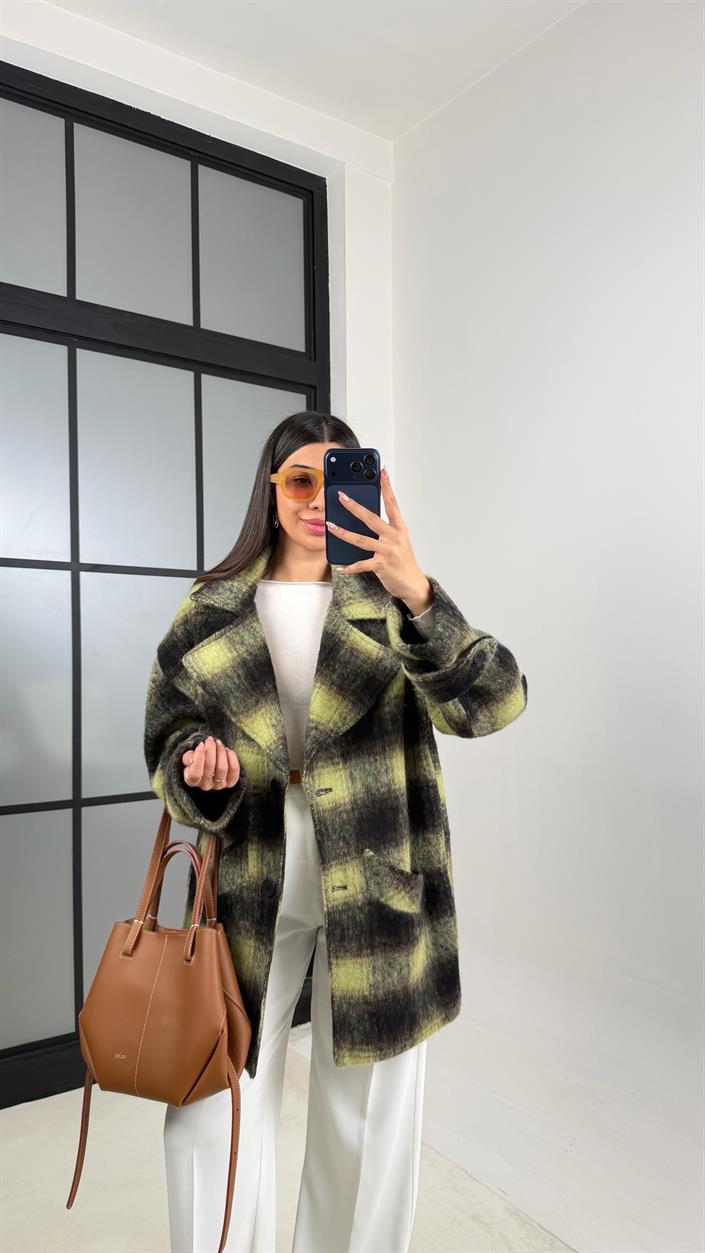 Yeşil Kareli Astarlı Cepli Tasarım Kaban GAUS-00804