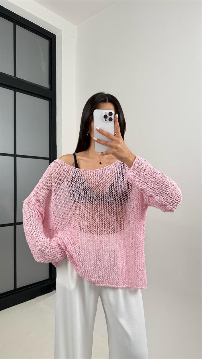 Pembe Ajurlu Triko Bluz Gaus00372