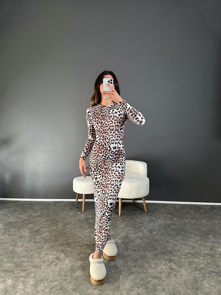 Leoparlı Desenli Maxi Elbise 