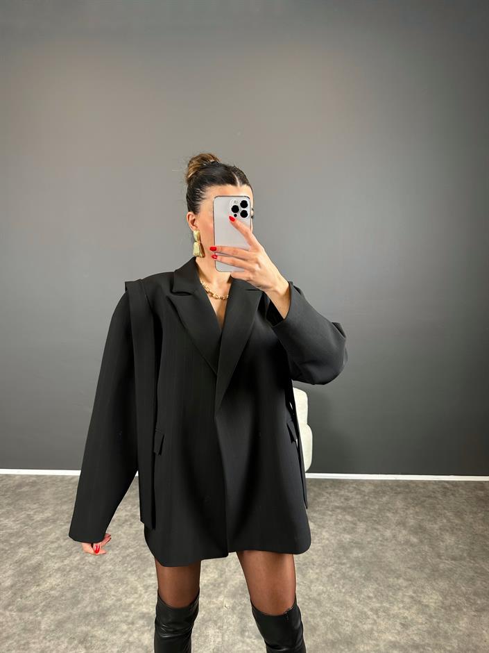 Anis Premium Siyah Çizgili Bağlamalı Astarlı Blazer Ceket 