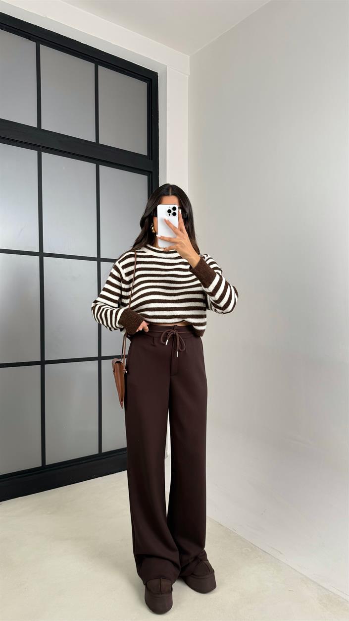 Kahve Kuşaklı Cepli Modal Kumaş Pantolon GAUS-00539