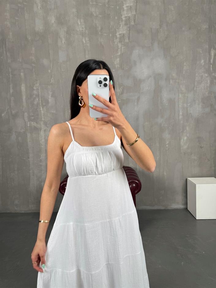 Beyaz Ayarlanabilir Askılı Yarım Astarlı Müslin Elbise Gaus00244