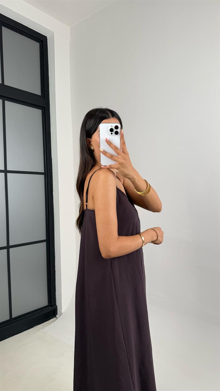 Kahve Ayarlanabilir Askılı Astarlı Tencel Elbise Gaus00690