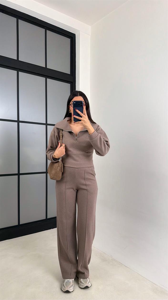 Vizon Fermuarlı Kazak Beli Lastikli Pantolon İkili Selanik Kumaş Takım GAUS-00781