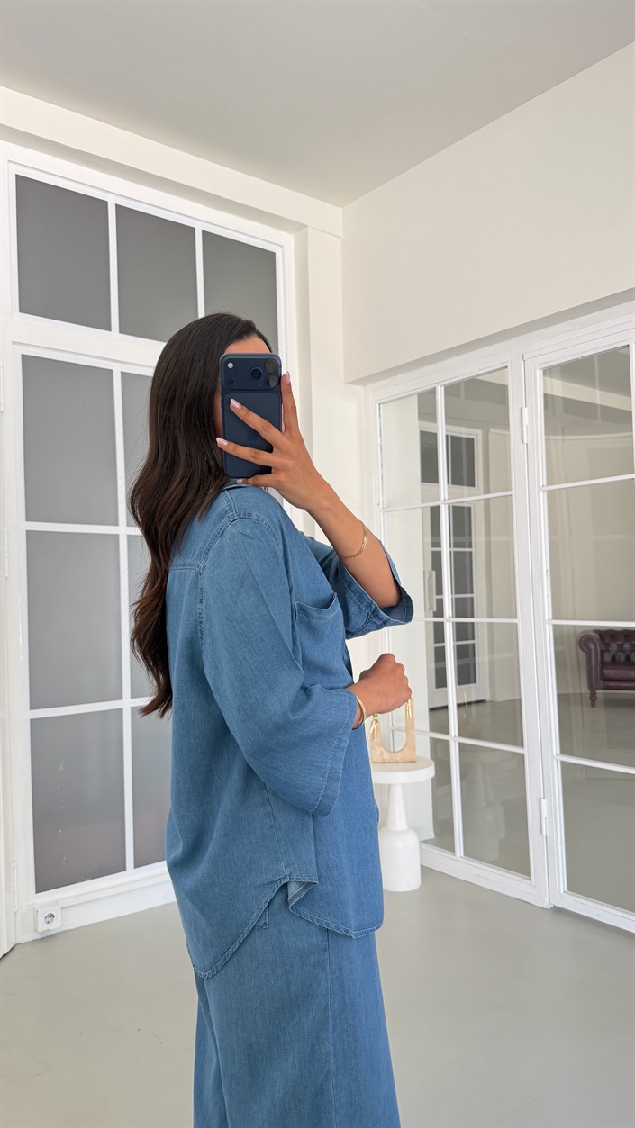 Mavi Gömlek Beli Lastikli Pantolon İkili Tencel Denim Takım GAUS-01791