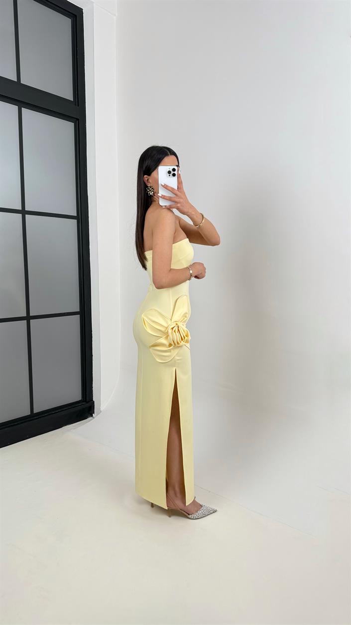 Sarı Çiçek Detaylı Yırtmaçlı Elbise Gaus00374