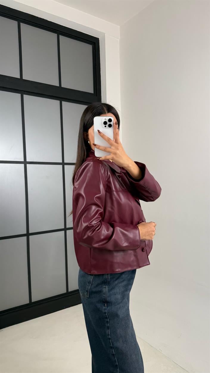 Bordo Astarlı Cep Detaylı Deri Ceket GAUS-00339
