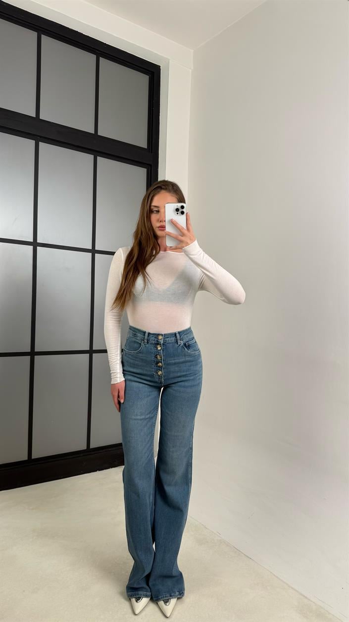 Mavi Düğme Detaylı İspanyol Paça Cep Etiketli Tasarım Jean GAUS-00742