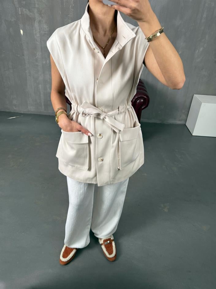 Ravi Taş Astarlı Belden Bağlamalı Gabardin Yelek