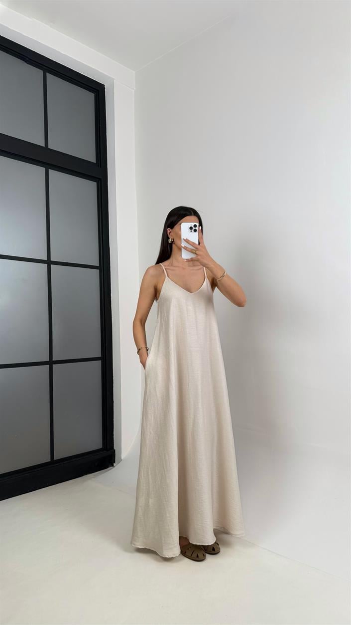 Taş Askılı Astarlı Cepli Tencel Elbise Gaus00449