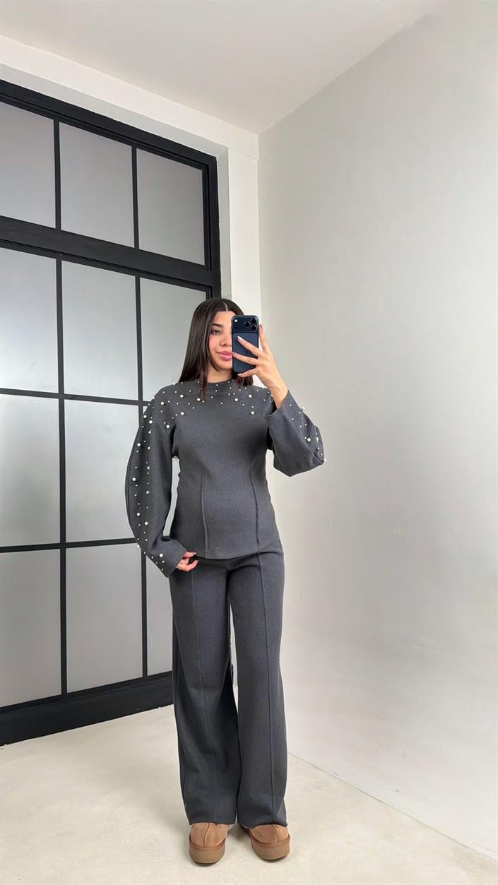 Antrasit İnci İşleme Detaylı Kazak Pantolon Selanik Triko Takım GAUS-01069