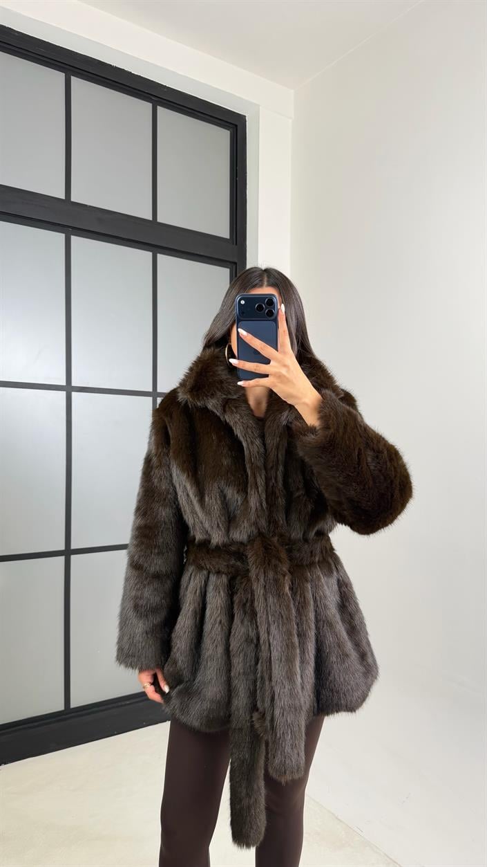 Acı Kahve Astarlı Kuşaklı Premium Kürk GAUS-00649
