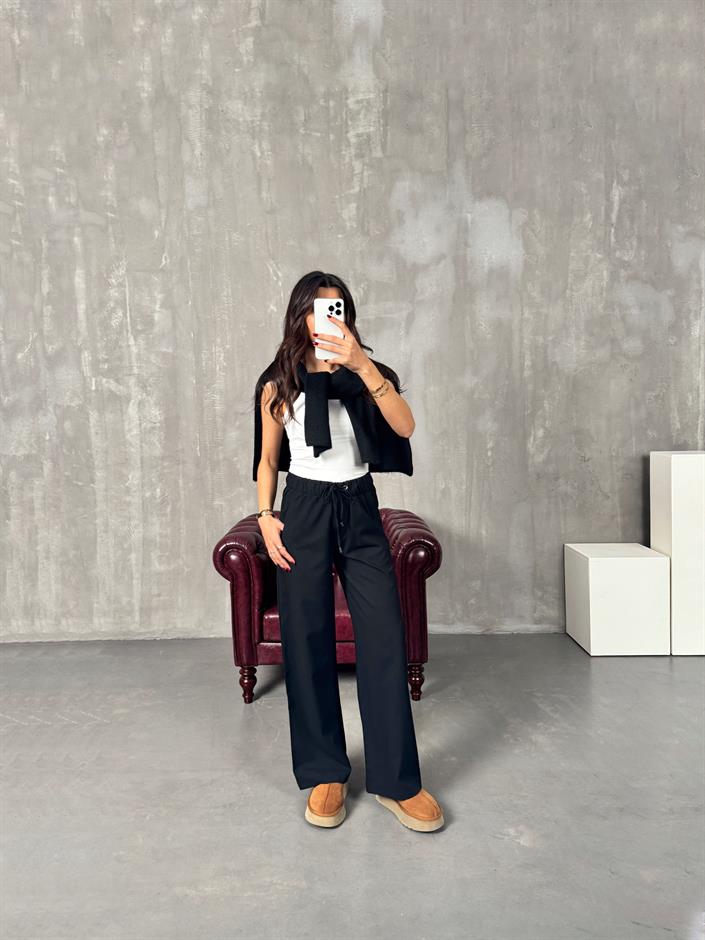 Foris Siyah Beli Lastikli Cepli ZR Poliviskon Pantolon