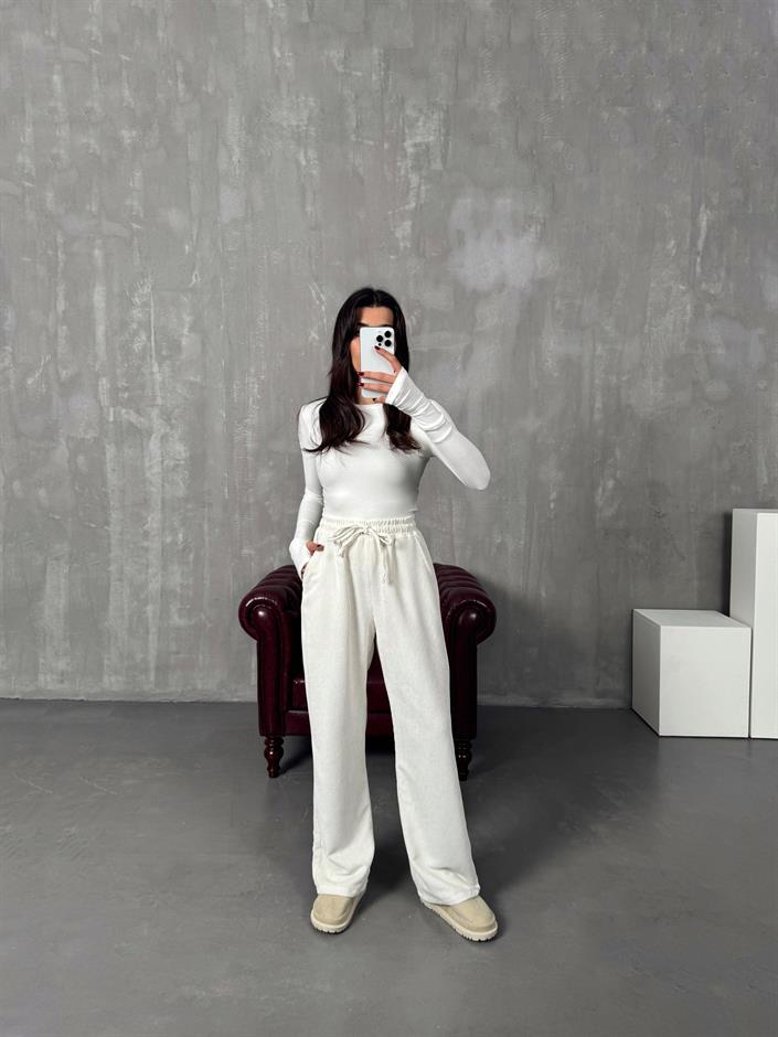 Mexa Ekru Beli Lastikli Kadife Eşofman Altı