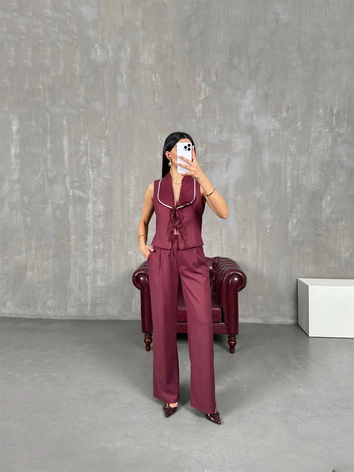 Rune Bordo Bağlamalı Keten Yelek Pantolon Takım