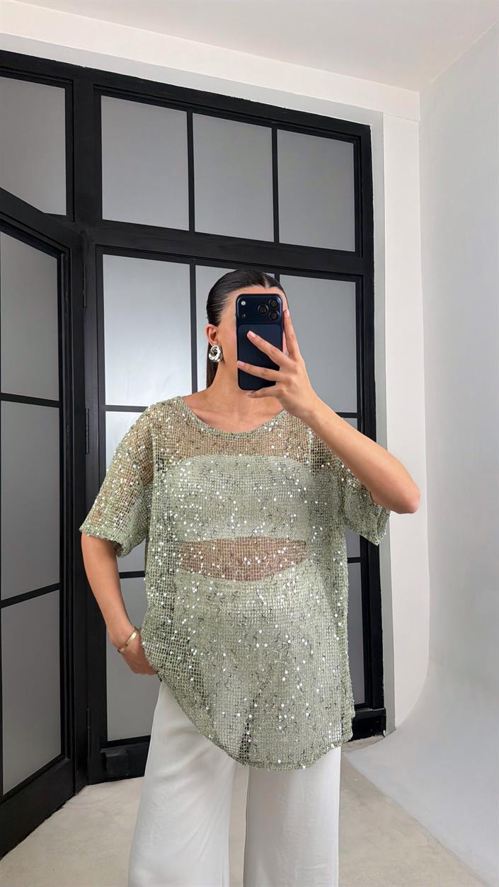 Mint Yeşili Muadil Pul İşleme Detaylı İthal Oversize Tshirt GAUS-01187