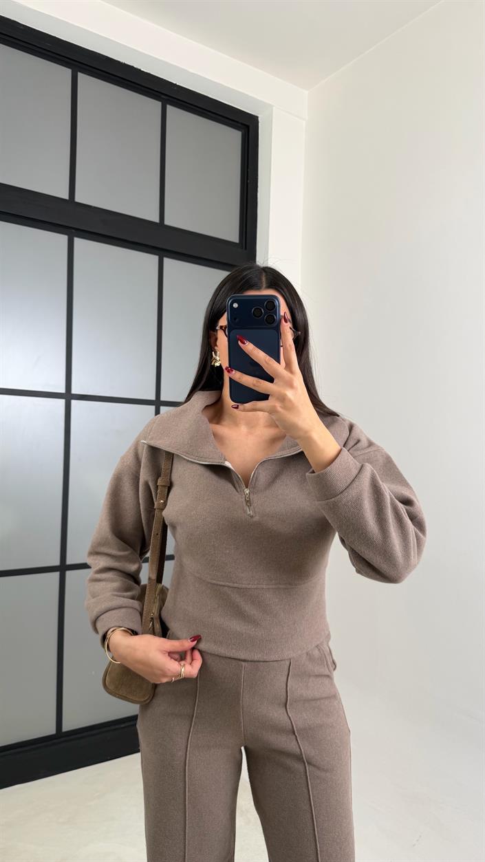 Vizon Fermuarlı Kazak Beli Lastikli Pantolon İkili Selanik Kumaş Takım GAUS-00781