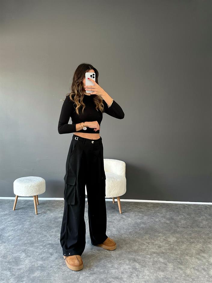 Roy Siyah Kargo Cepli Pensli Pantolon 