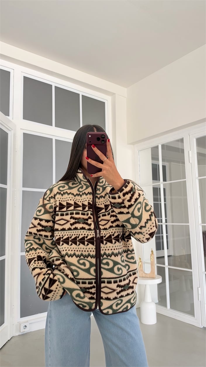 Yeşil Vintage Desenli Fermuarlı Polar Sweatshirt GAUS-01916 GAUS-02224
