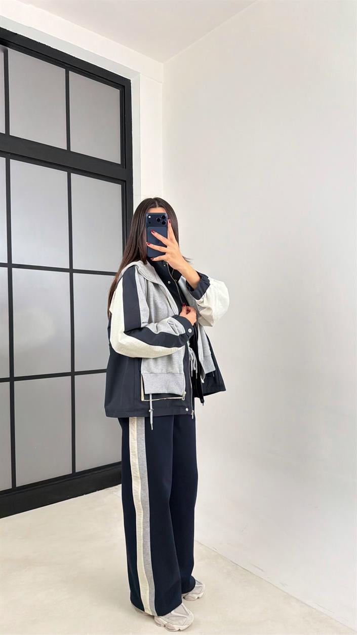 Lacivert Garnili Ceket Beli Lastikli Pantolon İkili Tasarım Takım GAUS-00699