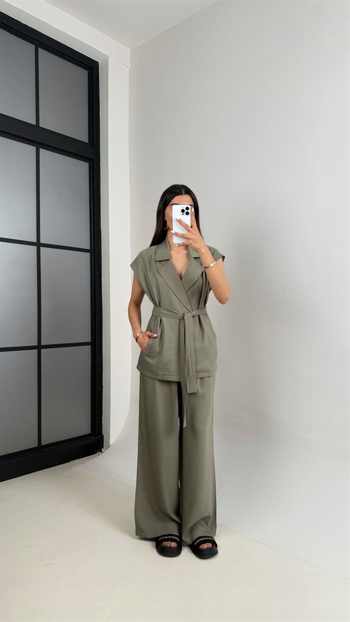 Haki Cepli Kuşaklı Yelek Beli Lastikli Pantolon Tencel Takım Gaus00433