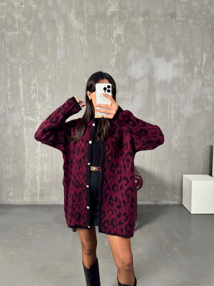 Wud Bordo Leopar Desenli Hırka