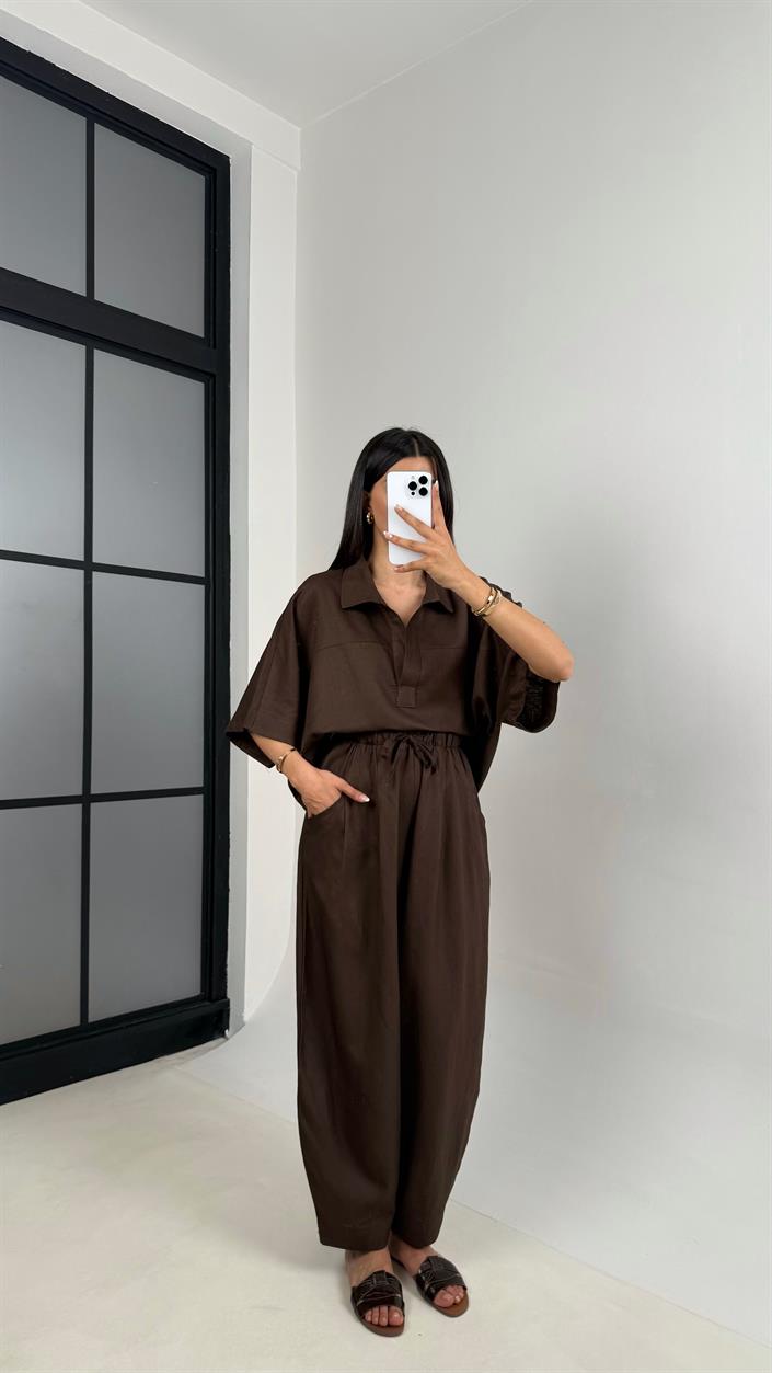 Acı Kahve Polo Yaka Yarasa Kol Bluz Şalvar Pantolon Md Muadil Premium Keten Takım Gaus00542