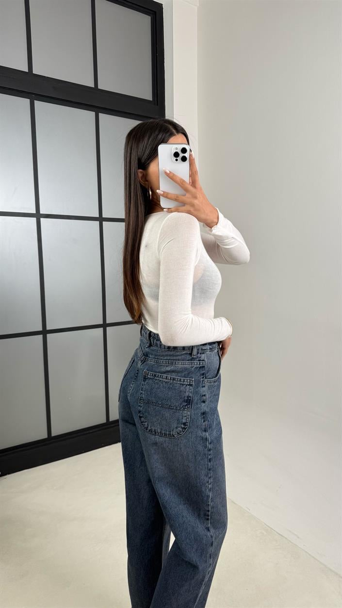 Mavi Eskitmeli Paça Detaylı Mom Jean GAUS-00542