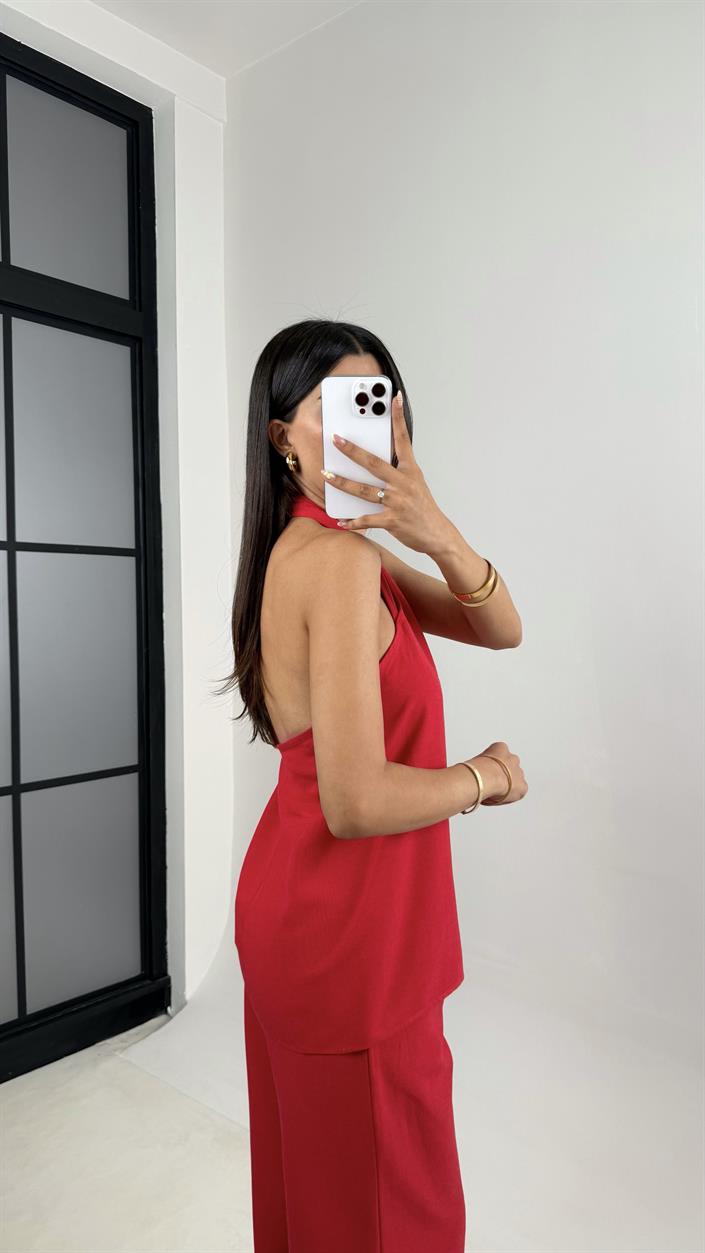 Kırmızı Boyundan Bağlamalı Bluz Cepli Pantolon Tasarım Keten Takım Gaus00667