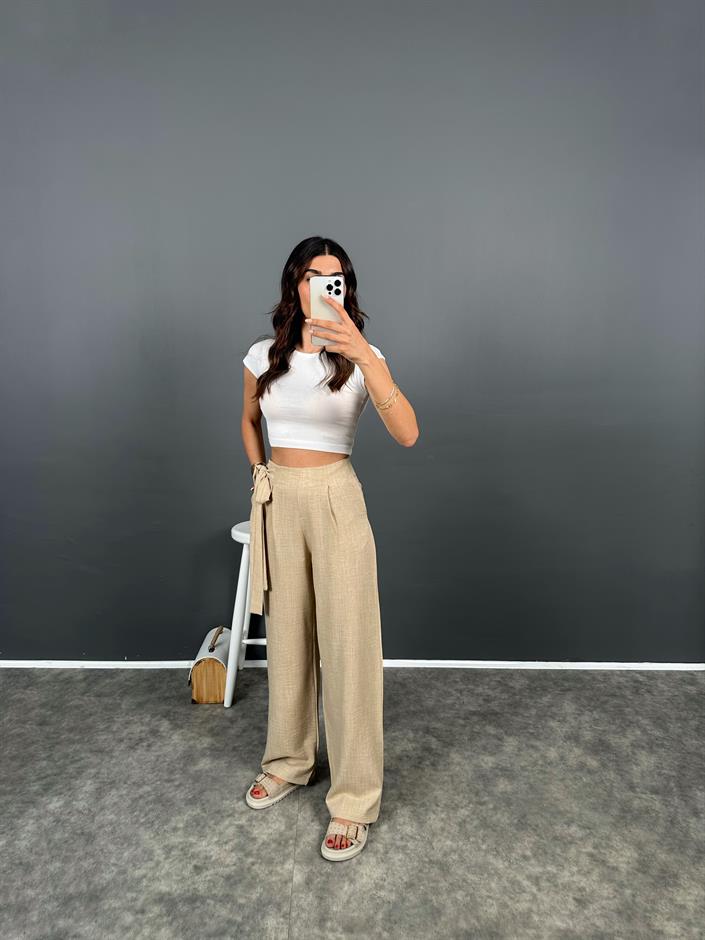 Loci Bej Belden Bağlamalı Yüksek Bel Pantolon