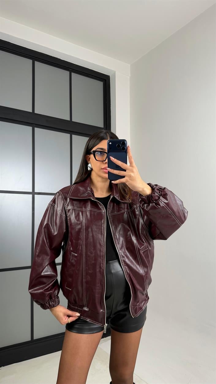 Bordo Dikiş Detaylı Astarlı Deri Ceket GAUS-00908