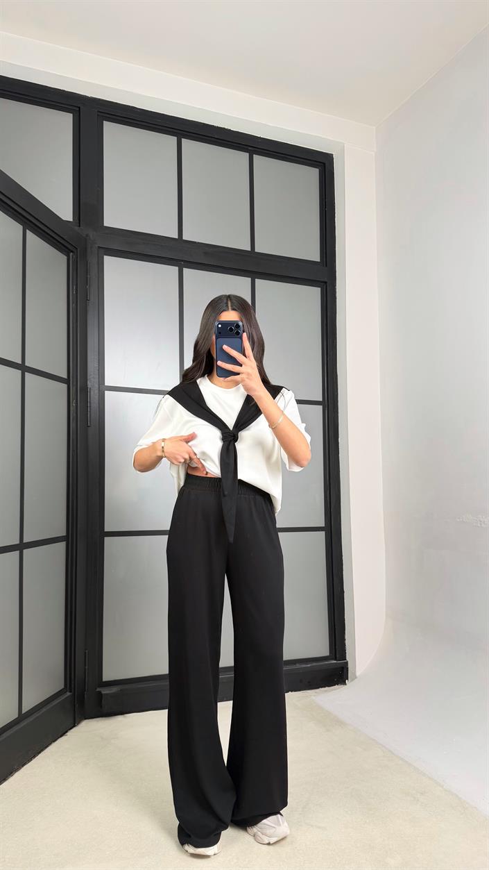 Siyah Şal Detaylı Basic Tshirt Beli Lastikli Pantolon İkili Eşofman Takımı GAUS-01284