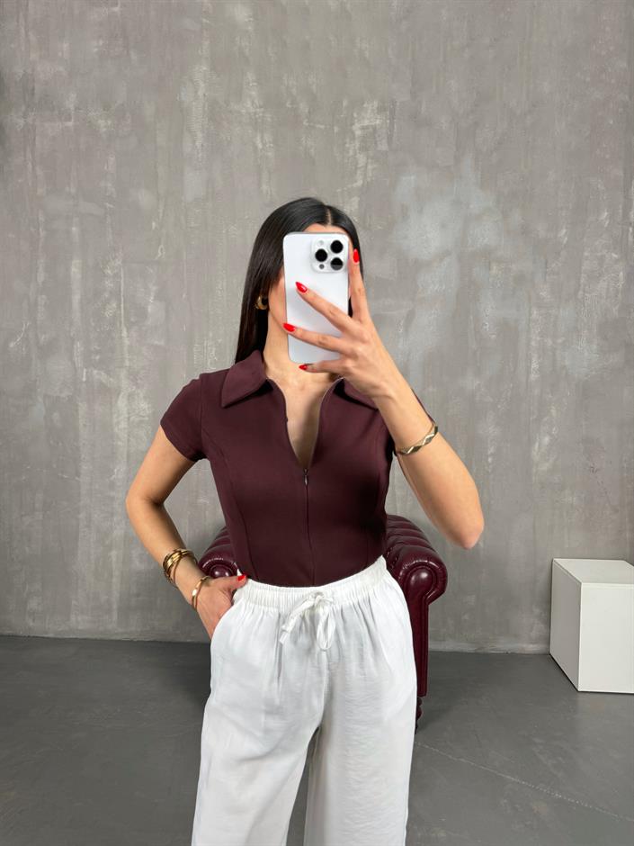 Mürdüm Polo Yaka Ön Fermuarlı Tshirt Gaus00191