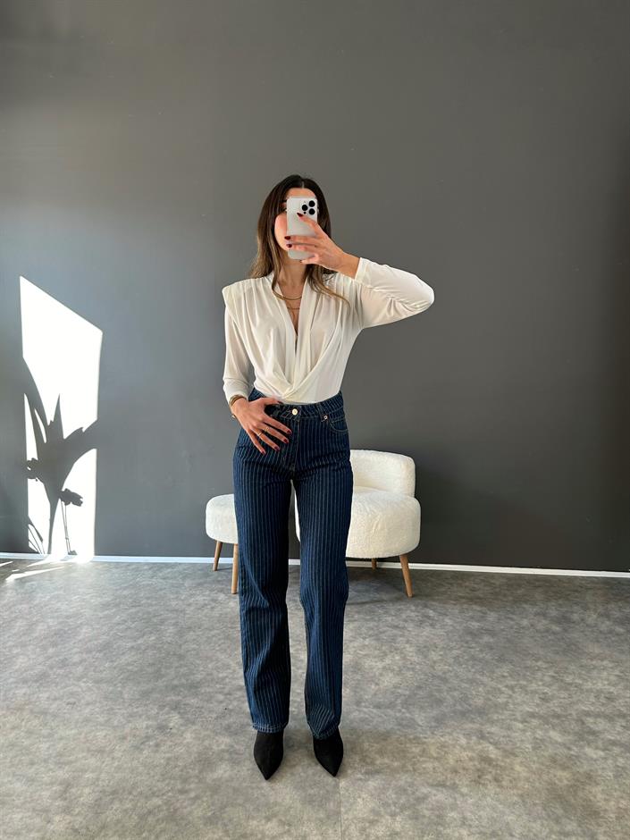 Premium Dark Blue Simli Çizgili Jean 