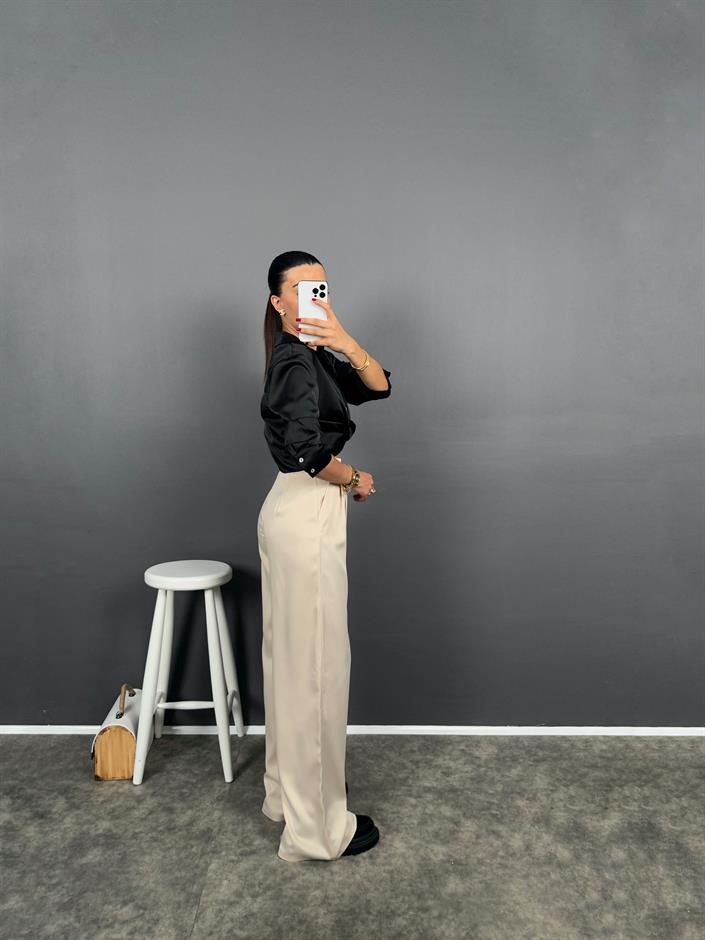 Rita Bej Beli Lastikli Cep Detaylı Saten Pantolon