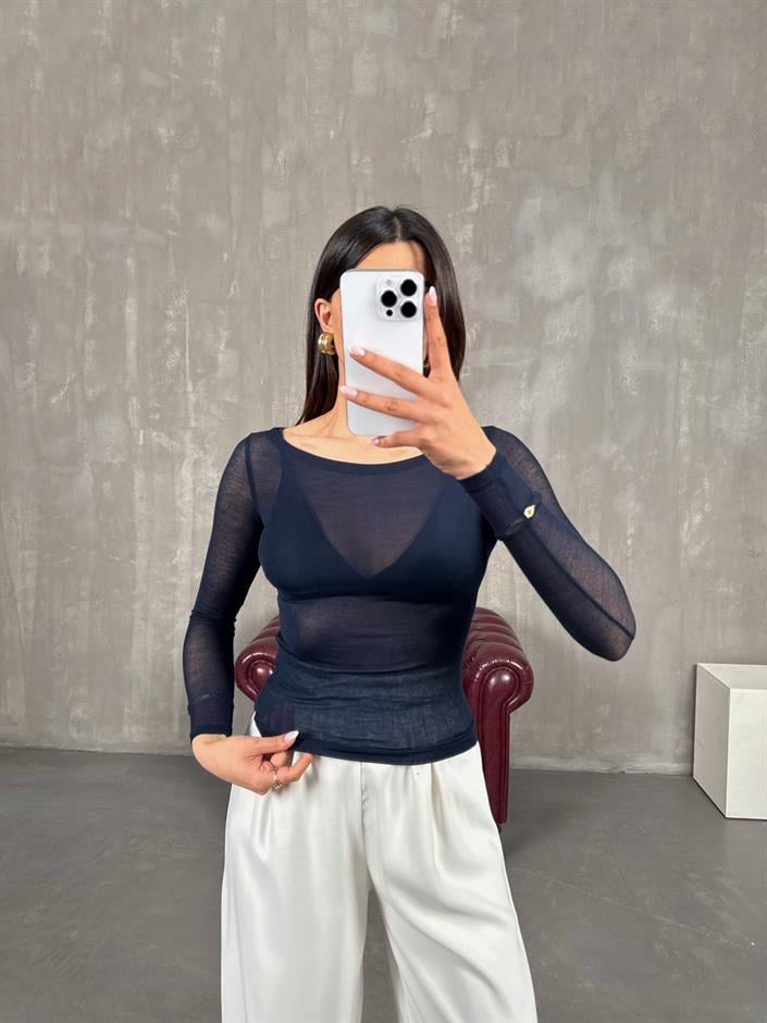Lacivert Transparan Kaşmir Dokulu Bluz Gaus00272
