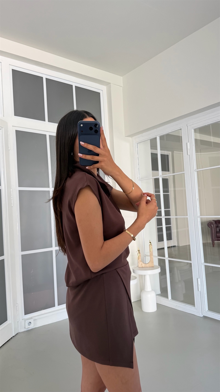 Kahve Fermuarlı Bluz Şort Etek İkili Modal Kumaş Takım GAUS-01820