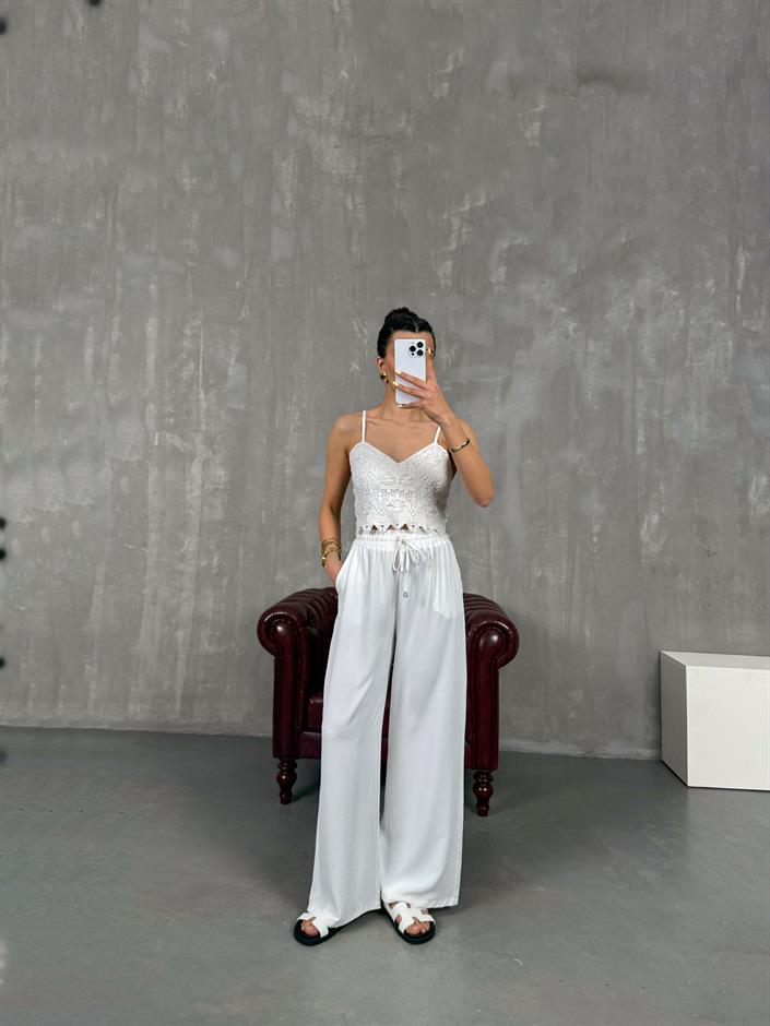 Beyaz Beli Lastikli Salaş Pantolon Gaus00121